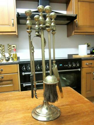 Old Antique Victorian Solid Brass Fireside Companion Set Stand And 4 Tools C1900