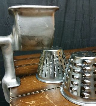 Vintage Metal Hand Crank Table Clamp Food Processor Shredder Grater With 2 Cones