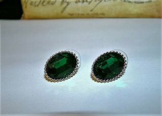 Vintage Signed Swarovski Emerald Green Faceted Crystal Oval Post Earrings