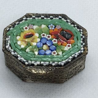Vintage Micro Mosaic Inlaid Floral Embossed Millefiori Pill Trinket Box Octagon