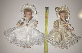 Vtg Pair Bisque Porcelain Dolls Tree Ornaments Jointed Movable Legs Arms