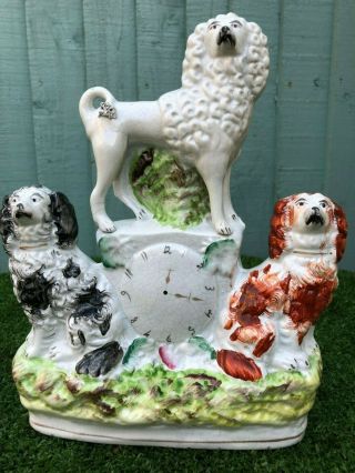 Stunning Mid 19thc Staffordshire Spaniels & Poodle Dog With Clock Face C1850s