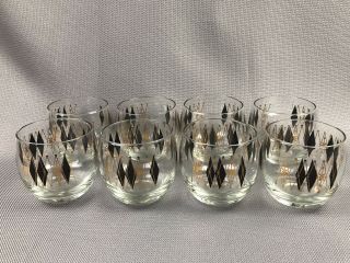 Vintage 8pc Mid Century Modern Black Gold Atomic Roly Poly Low Ball Glasses