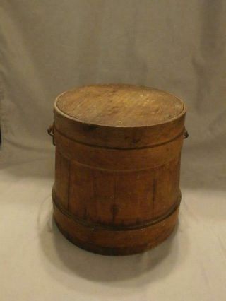 Vintage Small Wooden Firkin Bucket W/ Lid Bail Wire & Wood Handle 6 5/8 "