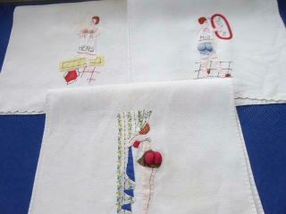 3 Vintage Naughty Risque Hand Embroidery Appliqued Padded Butts Bust Hand Towels