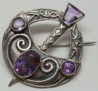 Antique Sterling Silver Chunky Scottish Celtic Amethyst Dagger & Knot Brooch Pin