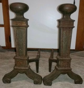 Pair Antique Large Cast Iron Fire Dogs Andirons Hearth Fire Place Cutter 55
