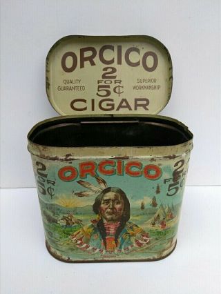 Rare 1900s Antique Vintage Orcico Tobacco Cigar 2 For 5¢ Tin Humidor