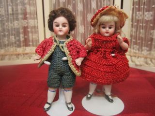 Sweet 3 1/2 " Antique All Bisque Kling Dolls In Crochet