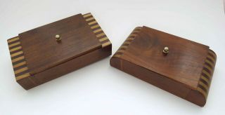 Handmade Mid Century Vintage Desk Accessory Boxes,  Inlaid Wood Box Set W/ Lids