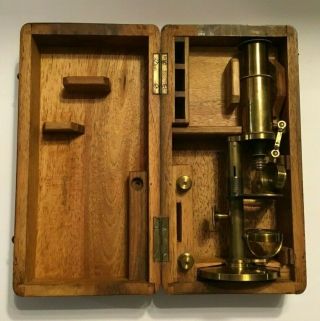 Vintage Brass Portable Microscope With Wooden Box Plus Extra