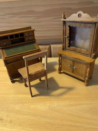 2 Vintage Miniature Dollhouse Wooden Desk Hutch