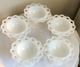Vintage Anchor Hocking Milk Glass Old Colony Open Lace Edge Footed Compotes (5)