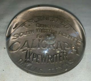 ANTIQUE CALIGRAPH TYPEWRITER GLASS ADV PAPERWEIGHT DESK SIGN DALLAS TX VINTAGE 2