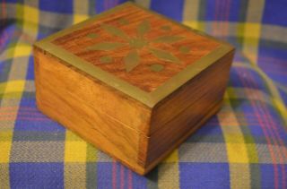 Vtg Walnut With Brass Metal Inlay Square Hinged Trinket Box Made In India