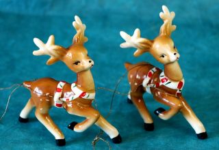 Vtg 60s Porcelain Japan Christmas Reindeer Pr 4”t Figurine Lt Brown Org Stickers