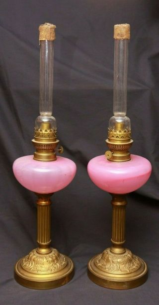 Set Of 2 Vintage Antique Victorian Hs Brass Oil Lamp W/ Pink Glass Font