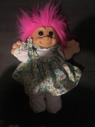Vintage Russ Troll Doll 12 " Soft Plush Girl Pink Hair W/ Floral Dress