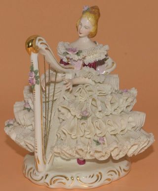 Vintage German Keilhauer Dresden Lace Figurine 6 " Lady W/harp
