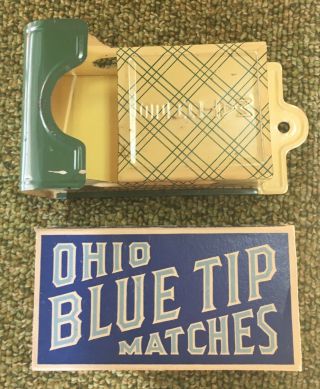 Vintage Ohio Blue Tip Matches Box Advertising With Metal Match Dispenser