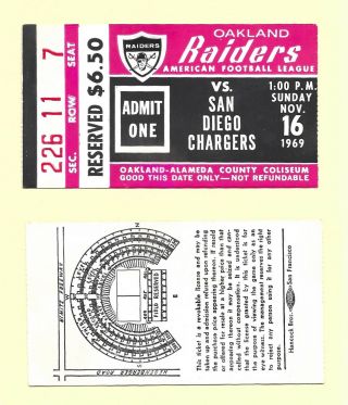 1969 Oakland Raiders Vs San Diego Chargers Afl Ticket Stub At Oakland Coliseum