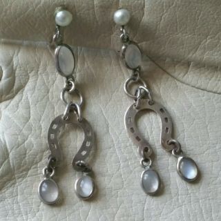 Antique Victorian Irish Silver,  Lucky Horse Shoe Moonstone Seed Pearl Earrings.