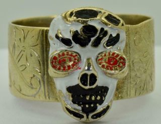 Rare Antique Memento Mori Skull Gold Plated Silver&enamel Engraved Band Ring