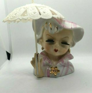Vintage Head Vase Woman Pink Lady 5 " Tall - Hat,  Hand Umbrella Eyelashes