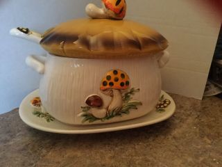 Vintage Sears & Roebuck Merry Mushroom Ceramic Tureen W/lid,  Laddle & Underplate