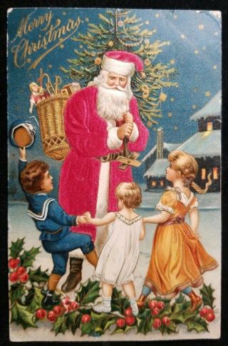 1910 Rare Santa Claus In Silk Red Coat Victorian Children Vintage Postcard