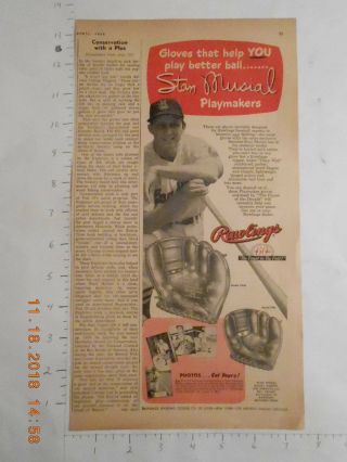 1958 Stan Musial Rawlings Baseball Glove Ad Mickey Mantle Lew Burdette Sievers