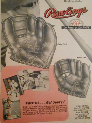 1958 Stan Musial Rawlings baseball glove AD Mickey Mantle Lew Burdette Sievers 2