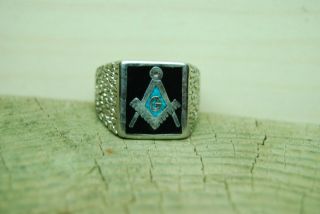 Vintage Sterling Silver Masonic / Freemason Onyx Ring Men 