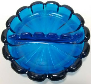 Vintage Dark Blue Glass Ashtray Ash Tray Scalloped Edge Thick Heavy Glass