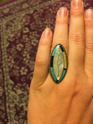 Vintage Handmade Sterling Zuni Inlay Ring Turquoise Mop Onyx Size 6