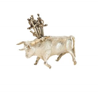 Hecho Mexico Sterling Silver Bull Toothpick Holder,  2.  7 Ozt