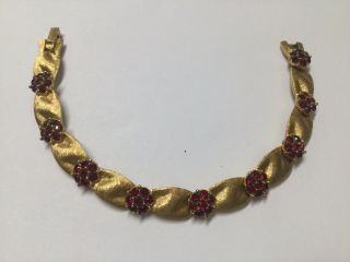 Vintage Crown Trifari Ruby Red Rhinestone Ribbon Bracelet Floral Motif