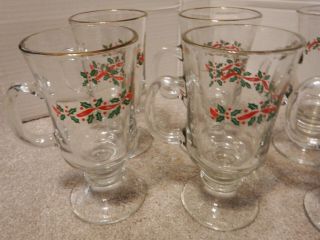 6 Long John Silver ' s vintage 1980 ' s Christmas glass goblets with handle,  holly 2