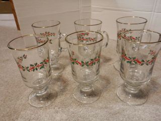 6 Long John Silver ' s vintage 1980 ' s Christmas glass goblets with handle,  holly 3
