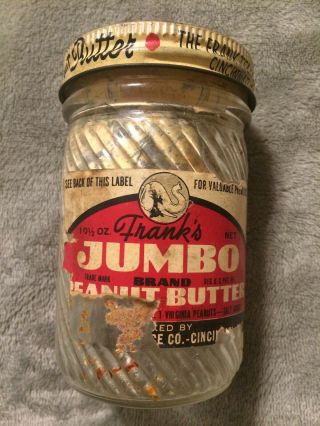 Vintage Franks Jumbo Brand Peanut Butter Jar With Paper Label & Lid
