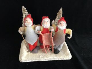 Vintage Rare Christmas Elf Scene 3 Elves Bottle Brush Tree Mica Snow Base