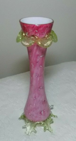 Victorian Art Glass Vase Pink W Mica Chips & Applied Vaseline Glass Thorn Base