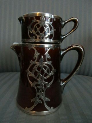 LENOX MAUSER Creamer & Cup STERLING SILVER OVERLAY Art NOUVEAU Treacle Glazeware 2