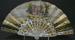 Fine 19th Century French Pierced Gilded Mother Of Pearl Fan Victorian