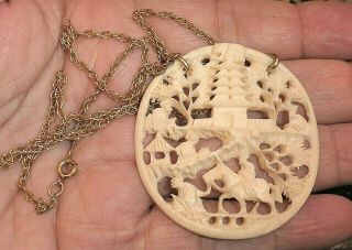 Vintage Carved Asian Chinese Ivory Color Bovine Bone Chain Necklace 1/20 12k Gf
