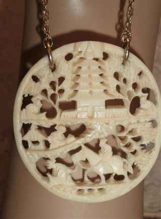 Vintage Carved Asian Chinese Ivory Color Bovine Bone Chain Necklace 1/20 12k GF 2