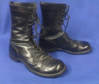 Vintage 1970s Black Leather Us Army Combat Military Cap Toe Jump Boots - Mens 9d