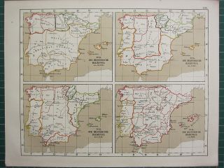 1875 Antique Historical Map Spain Hispania Hesperian Peninsula (1492)