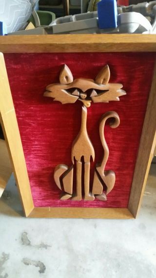 Vintage Mid Century Carved Wood Siamese Cat Wall Hanging.