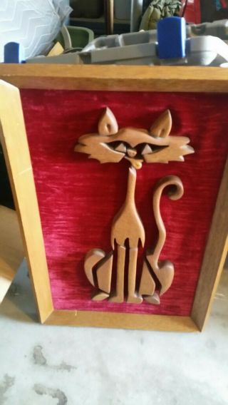 Vintage Mid Century Carved Wood Siamese Cat Wall Hanging. 2